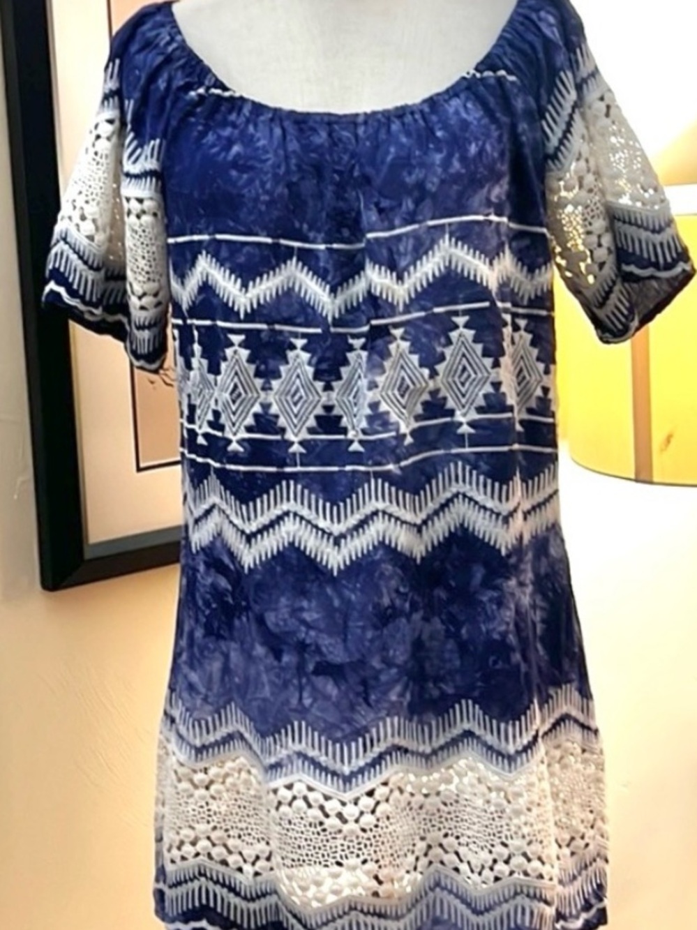 La Blanca Dress Womens L Blue Crochet Lace Sheer Beach Coverup Bohemian,Size S - Picture 5 of 8